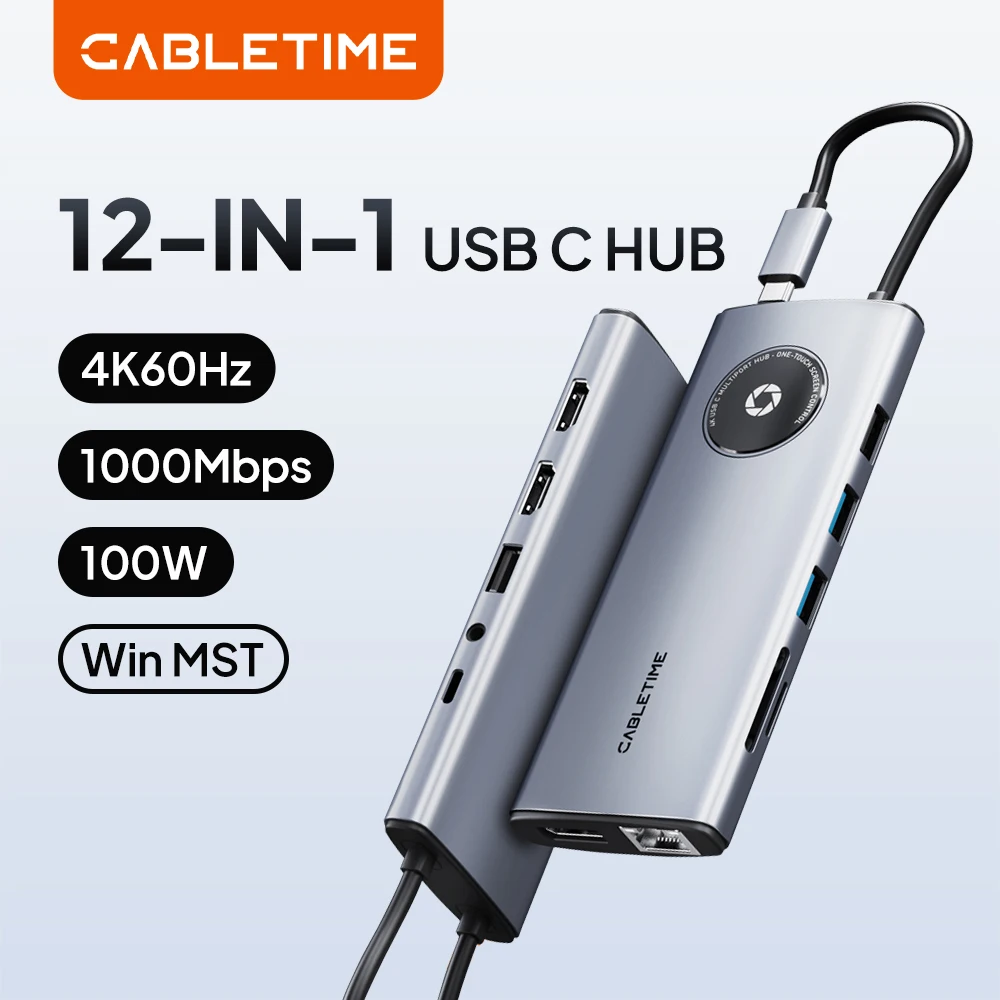 

Многофункциональный USB-C хаб CABLETIME 12-в-1: HDMI 4K, Type-C, PD100W, RJ45, VGA, SD и TF. Док-станция для MacBook Pro и iPad.