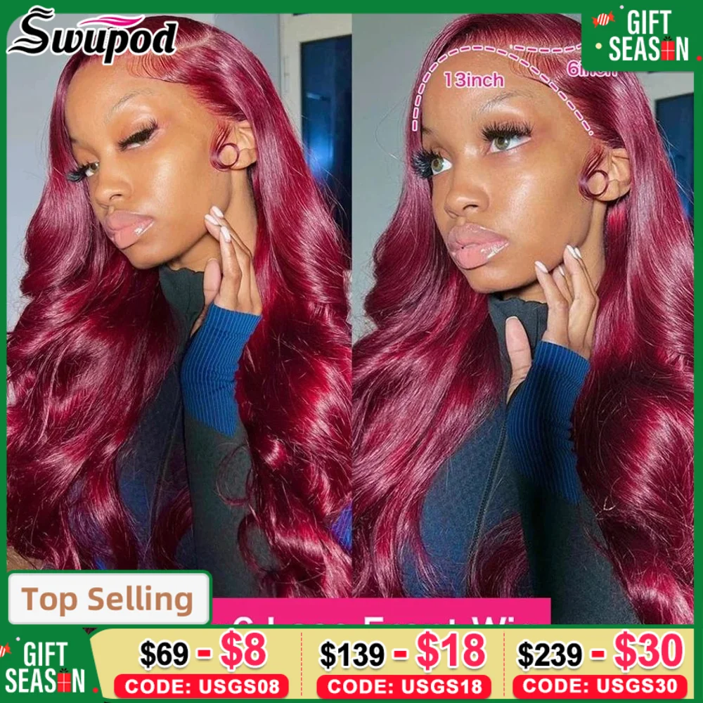 Perruque Lace Front Wig Body Wave Naturelle, Cheveux Humains, Couleur Rouge Bordeaux 99J, 13x4 HD, 13x6 HD, 220% 30 32 36 Pouces