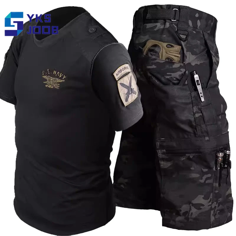 Tactical Breathable Hiking T Shirt Men Summer Cotton Comfortable Tops + Multi-pockets Waterproof Cargo Shorts Camping Suits Male