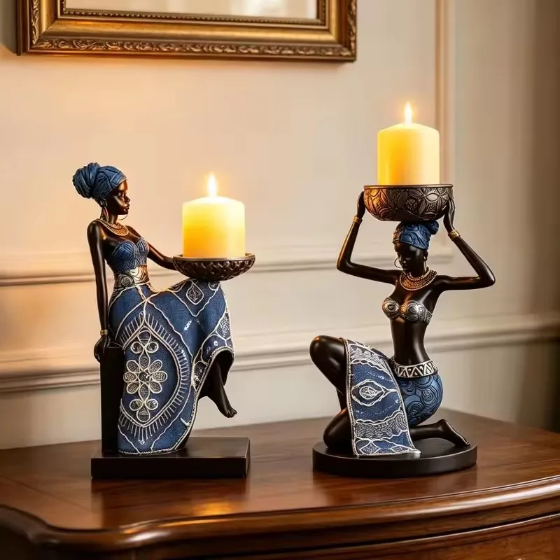 Vintage African Female Sculpture Candle Holder Resin Tribal Lady Figurine with Tray Exotic Home Decor for Boho & Ethnic Style