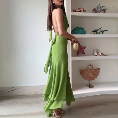 Vestido de oficina con cordones y espalda descubierta para mujer, vestido bohemio elegante con cuello Halter, vestido de fiesta ajustado con volantes de cintura alta liso para primavera