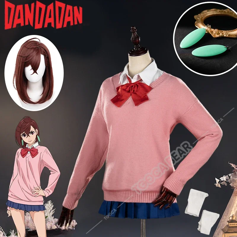 Momo Ayase Cosplay Costume Wig Anime Dandadan School JK Uniform Earrings Pink Sweater Skirt Halloween Party Women