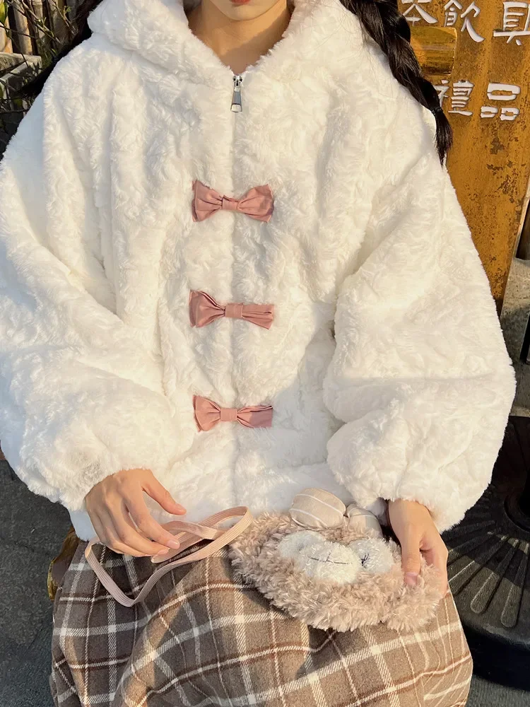 Cappotto di peluche con fiocco rosa dolce e carino giapponese femminile autunno inverno caldo addensato sciolto cappotto di pelliccia sintetica Kawaii capispalla per studenti