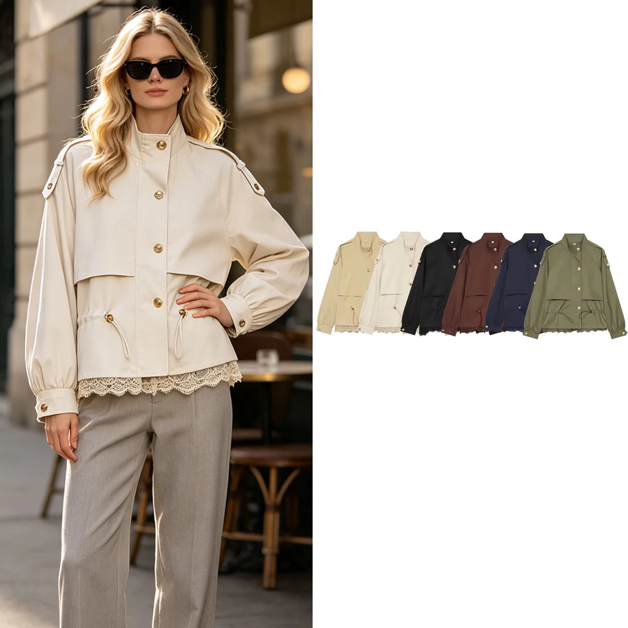 Women Casual Lace Patchwork Drawstring Short Windbreaker Women's Waist Cinched Stand Collar Zipper 2026 Autumn Lady Jackets