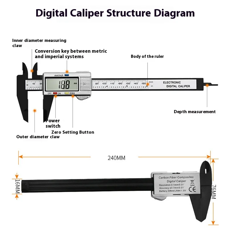 150mm/100mm Digital Caliper, Electronic Vernier Caliper with LCD Screen - Carbon Fiber, Precision Micrometer Measuring Tool