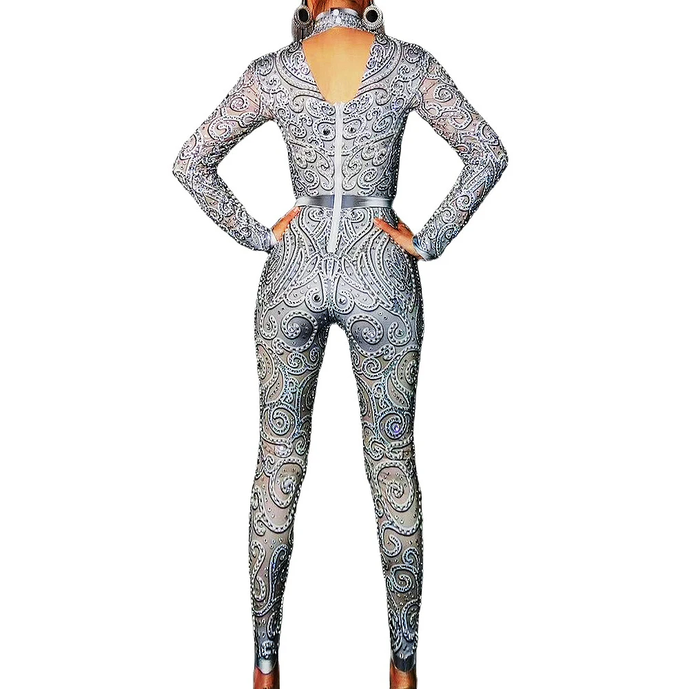 Kobiety srebrne błyszczące perły seksowny taniec na rurze Rave festiwal kombinezony Drag Queen stroje do klubu na imprezę bar nosi