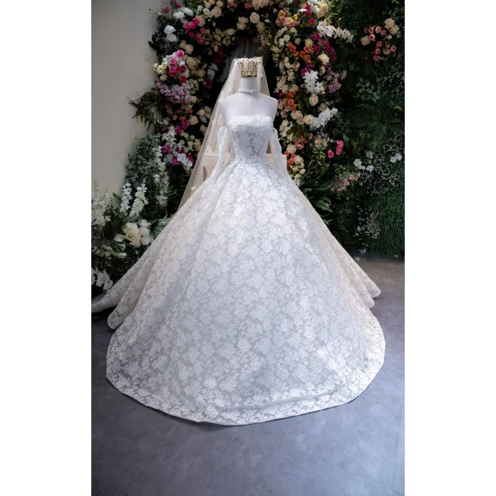 

Custom 2026 Luxury Off Shoulder Ball Gown Wedding Dress with Lace Floral and Large Back Bow Elegant Bridal Gown
