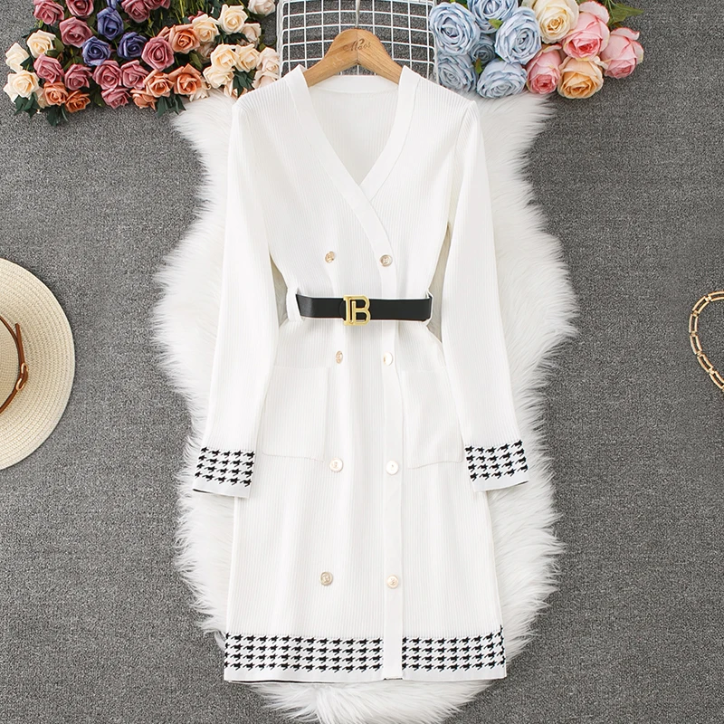 sweet Basic Slim Single Breasted lool sleeve v neck Dress  Vintage Korean Fashion Knit Vestido Women summer dresses