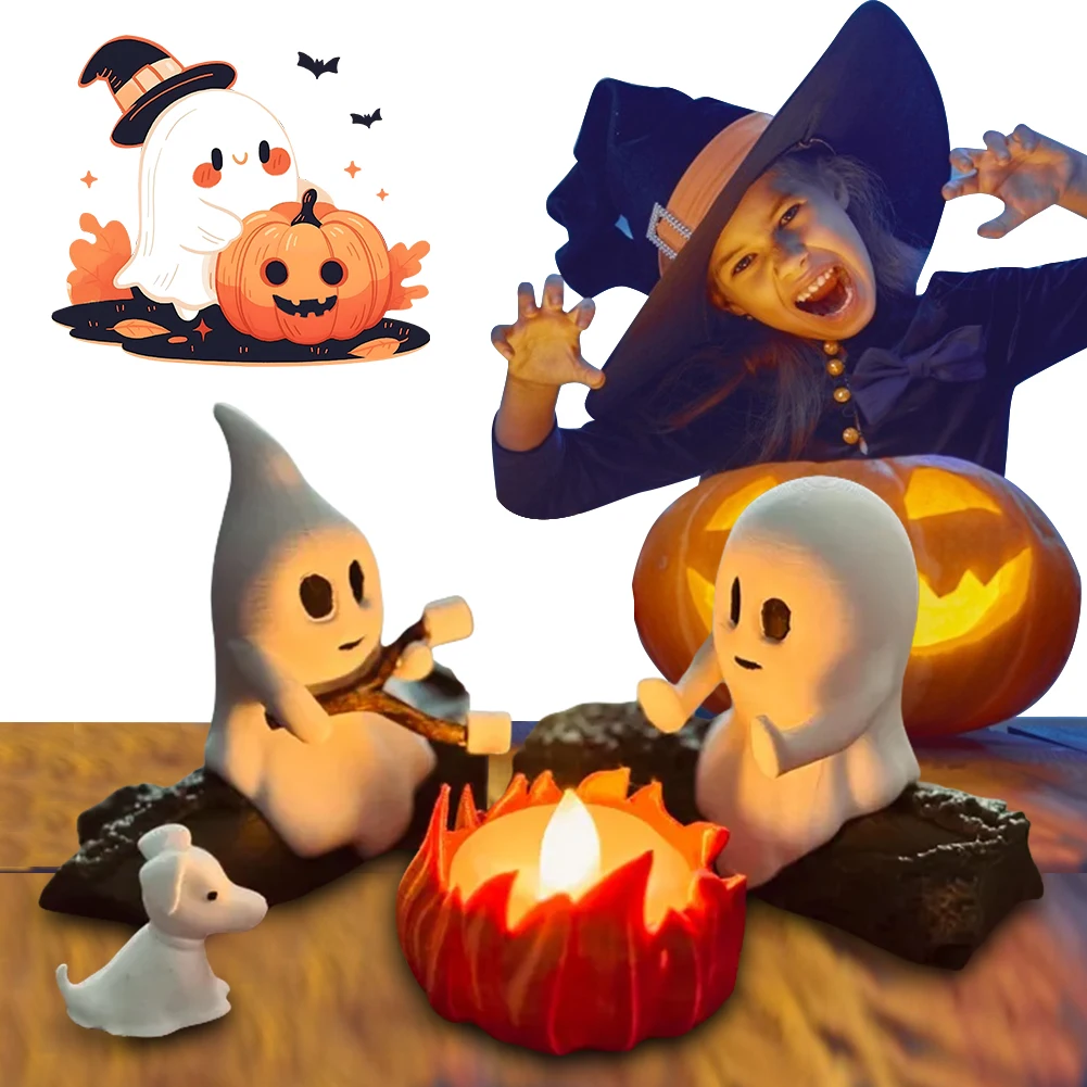 

Ghost Campfire Gathering Small Campfire Light 3D LED Resin Cute Ghost Ornaments Statues Halloween Bedside Lighting Accessories