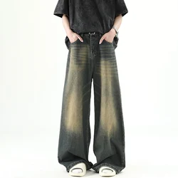 Men Denim Pants Old Blue Washed Male Jeans Straight Casual Menwear Loose Wide Leg Trousers New Fashion Korean High Street Denim