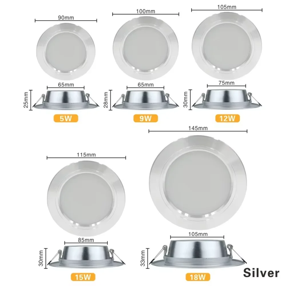 Downlight LED 12V 24V 110V 220V Spot Trzy kolory 5W 9W 12W 15W 18W Wpuszczone w światło sufitowe LED Zimna ciepła biała lampa Szybka dostawa 6-8 dni