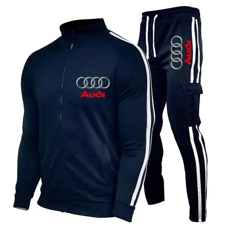 Audi Printed Men's Zipper Hoodie Set Car Fans Street Spring and Autumn Outdoor Cycling Motorcycle Protective Set Two Piece Set