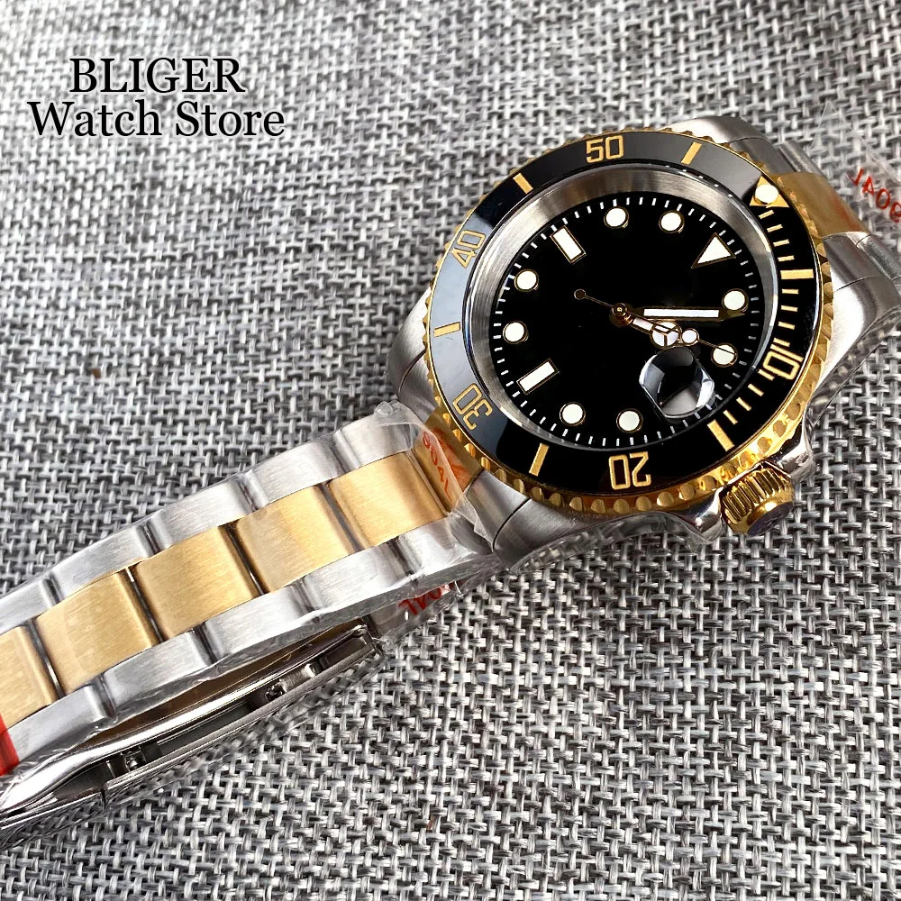 BLIGER  NH35A MIYOTA 8215 PT5000 Automatic Men Watch Two Tone Gold Bracelet Blue Black Sunburst Dial Sapphire Crystal