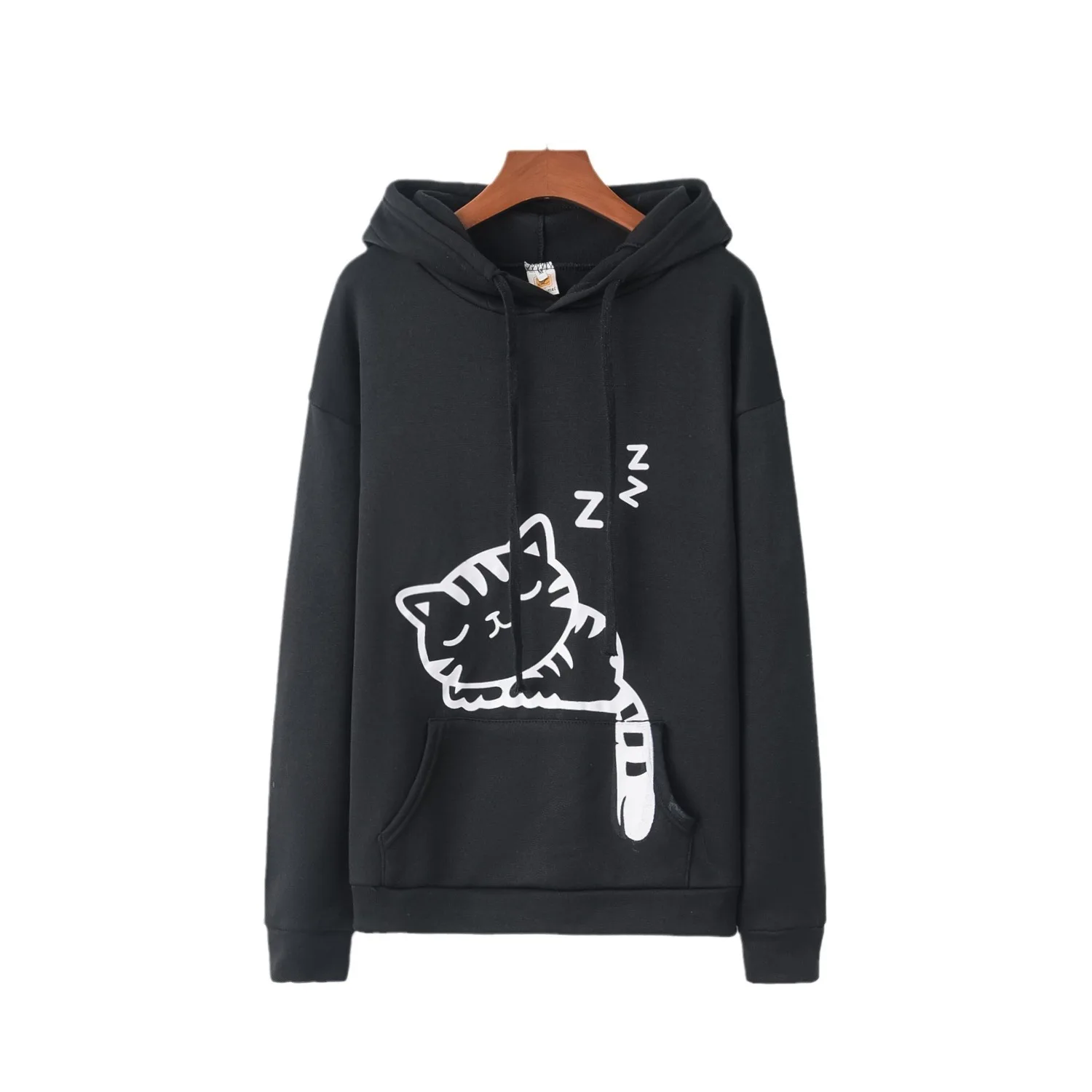 

Women Kawaii Hooded Clothes Fashion Soft Cute Cat Printed And Ear Kangaroo Pocket Drawstring Hooded Jogger Pullover Tops