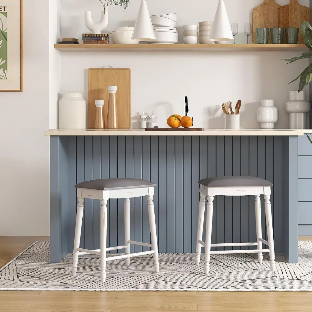 مجموعة مقاعد بار منجدة مكونة من 2، مقاعد طعام بارتفاع عداد بدون ظهر مقاس 24 بوصة مع نحت خشبي رقيق، مسند للقدمين، سول #4