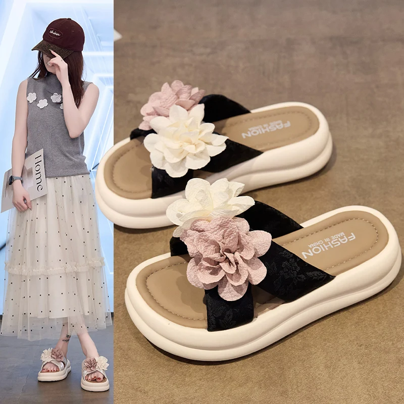 Heiß begehrte Damen-Plateau-Sandalen 2026: Sommerliche modische Blumen-Slipper mit Absatzerhöhung – Leichte, bequeme flache Schuhe