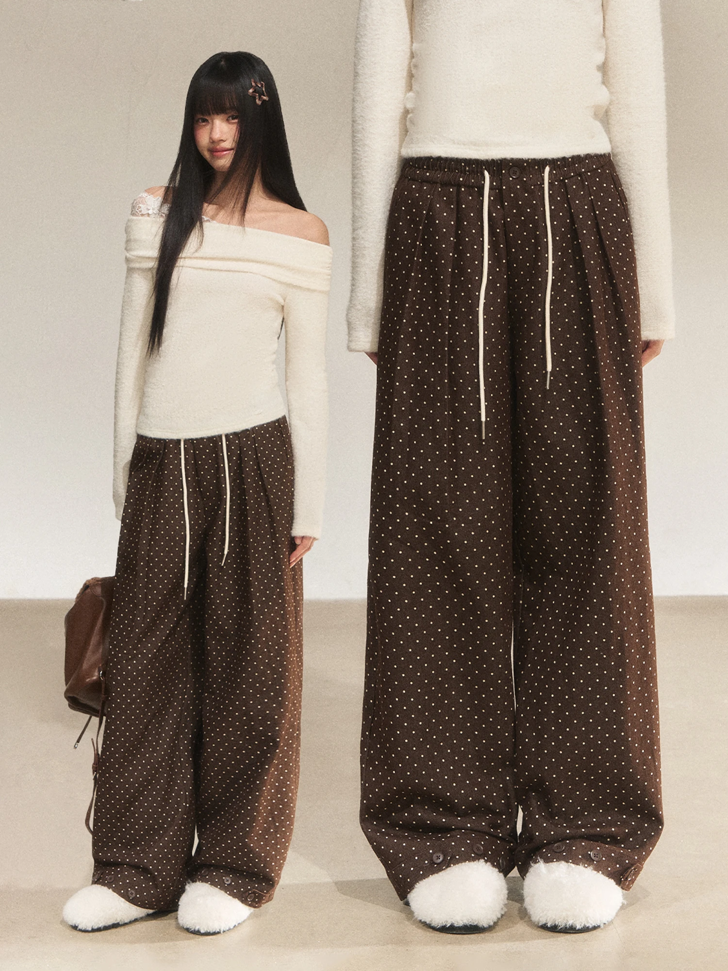 

Брюки женские Wedhub в стиле ретро с принтом в горошек, свободные повседневные, прямые, широкие, 2025, новинка, цвет кофе