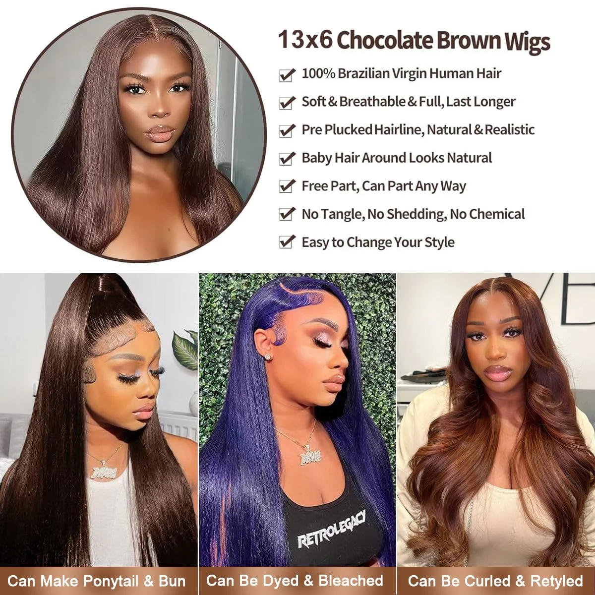 13x6 schokoladenbraune Lace-Front-Perücke, 220 % Dichte, Ohr-zu-Ohr-HD-Lace-Front-Perücken, Echthaar, klebefrei, braunes Echthaar 4 #   Farbig