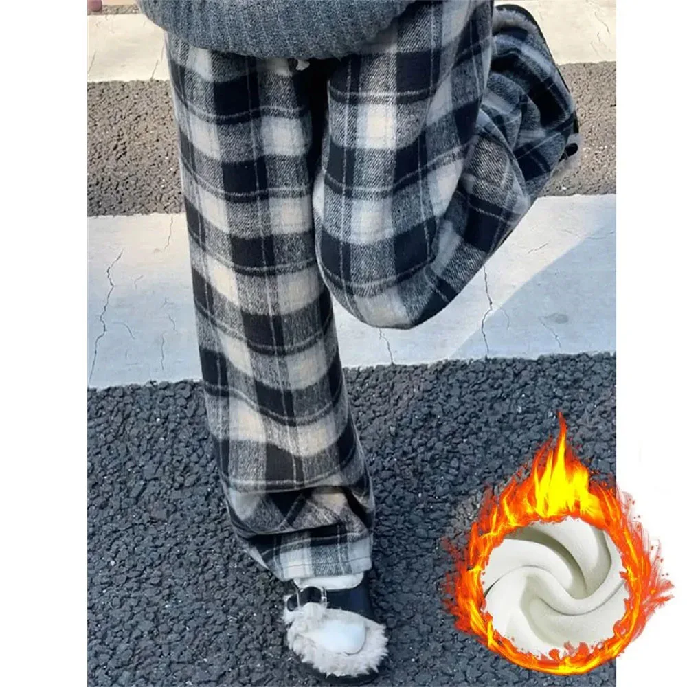 

Винтажные бархатные прямые брюки в клетку с принтом, женские повседневные зимние утепленные брюки с высокой талией в уличном стиле, корейская модная одежда Y2k