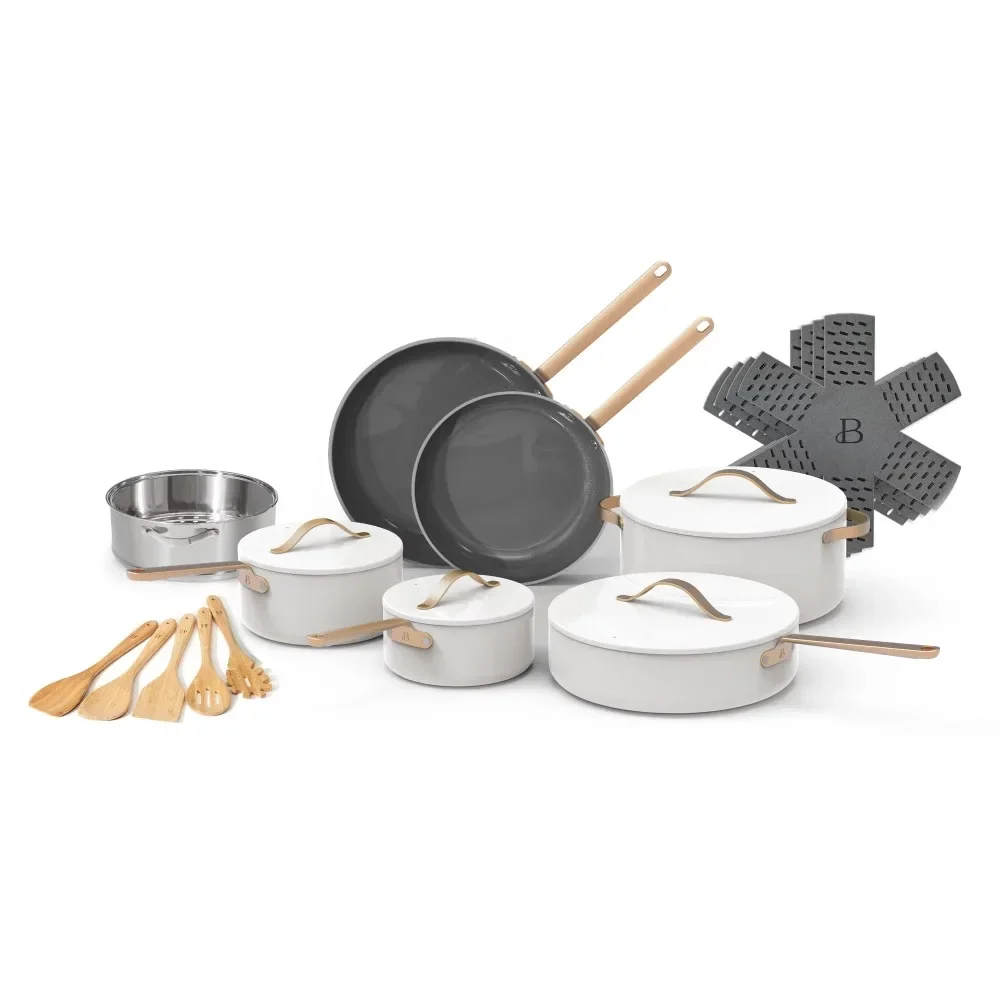 Beautiful 20pc Ceramic Non-Stick Cookware Set, White Icing by Drew Barrymore