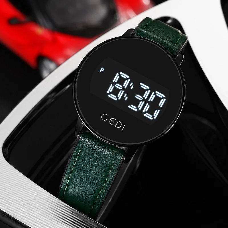 Round LED Touch Screen Digital Watch Unisex Minimalist PU Leather Strap Electronic Wristwatch Casual Student Fashion Clock