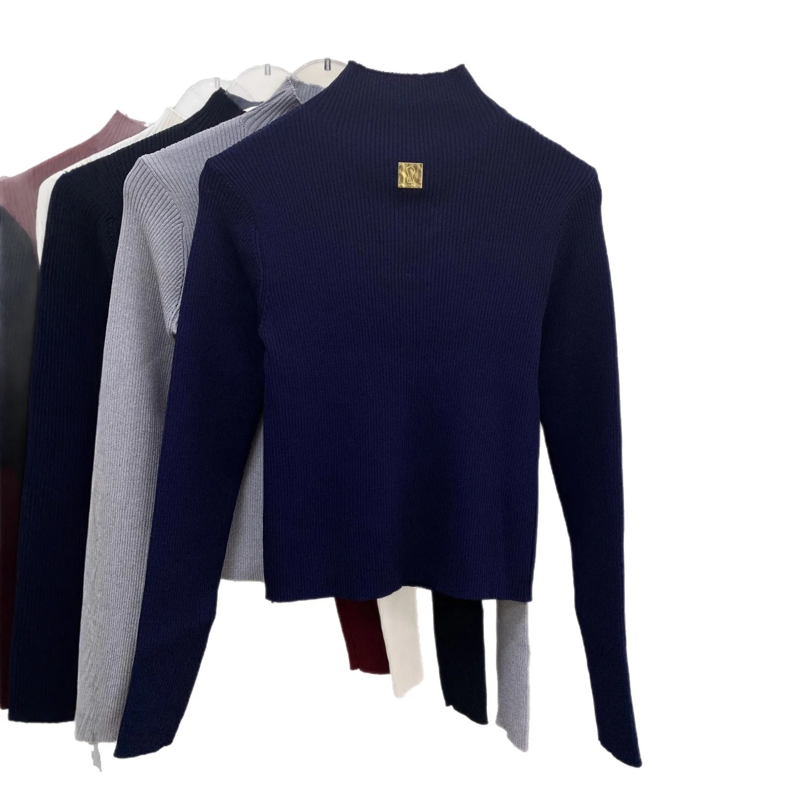 ハーフハイネックのセクシーな透かし編みニットセーター レディース 秋冬 暖かい 長袖 無地 スタンドカラートップ ニットジャンパー