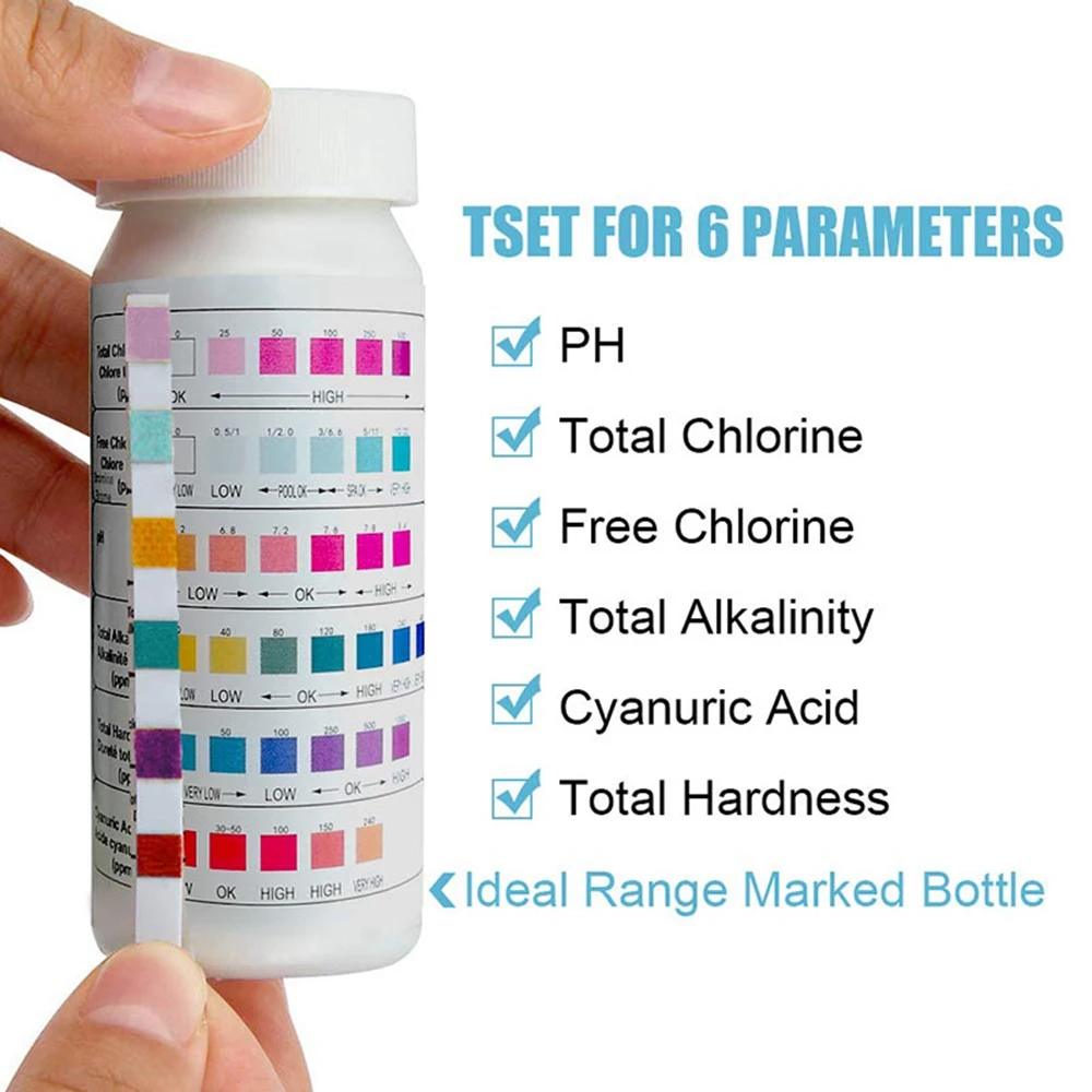 수영장 PH 시험지, 잔류 염소 PH 값, 알칼리성 경도 시험 스트립, PH 테스터, 6 인 1, 50 개
