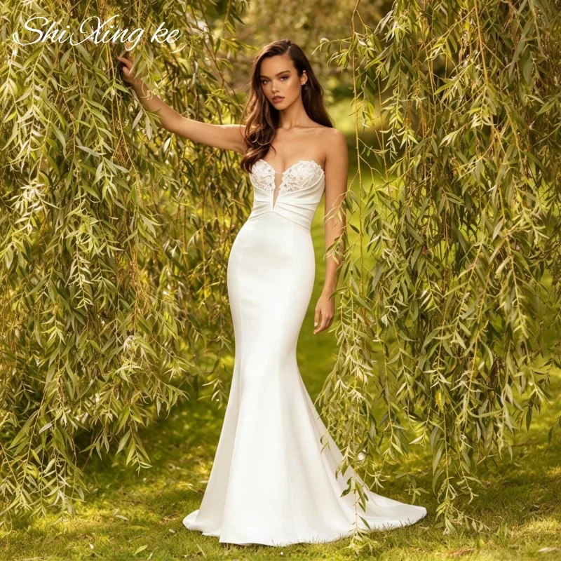 Sweetheart Strapless Mermaid Wedding Gown Satin Lace Applique Bridal Dress Vestidos De Novia Customized