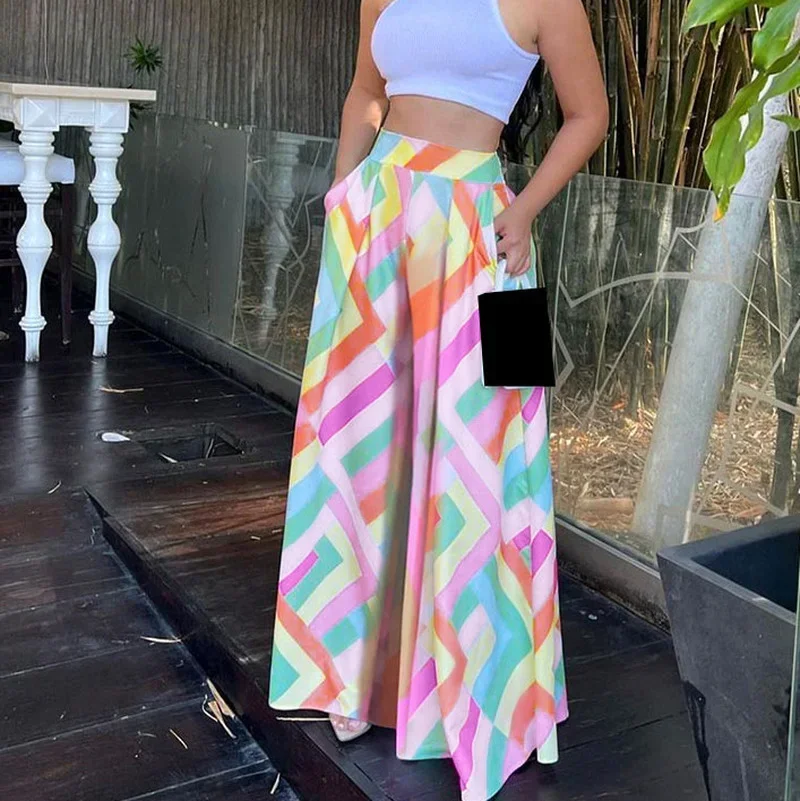 KEXU Elegant Women Colorful Striped High Waist Loose Wide Leg Pants  Beach Boho Holiday Casual Loose Trousers