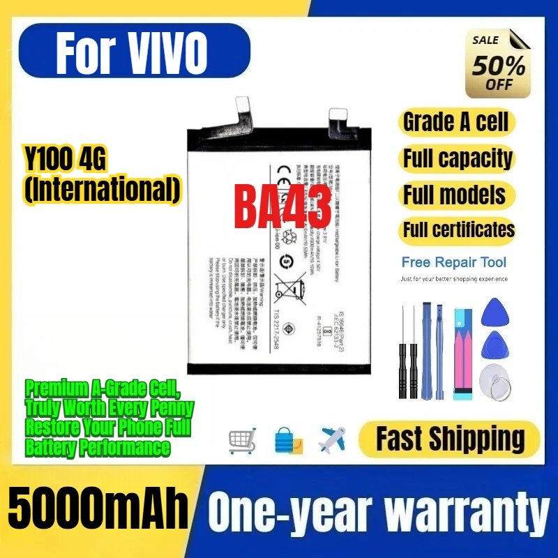 BA43 for VIVO Y100 4G(International) Phone Battery 0Cycle High Quality High Capacity Replacement Bateria Grade A Cell with Tools