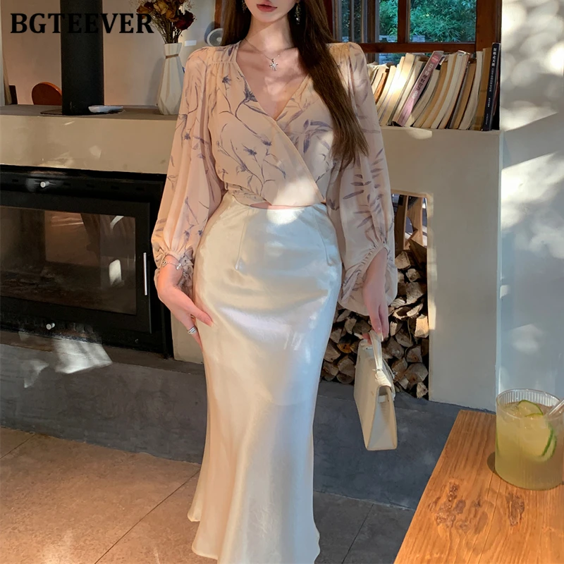 BGTEEVER Spring Summer Vintage Slim Women 2 Pieces Skirt Set V-neck Printed Blouses Shirts & High Waist Package Hip Skirts