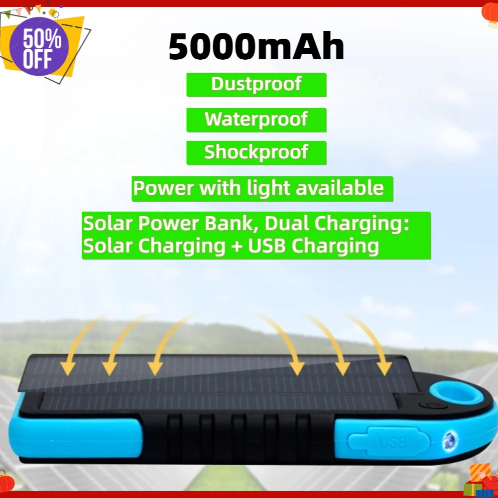 5000mAh Outdoor Three-Proof Solar Power Bank with Camping Light Lithium Polymer Cell Portable Charger For IPhone Samsung Huawei