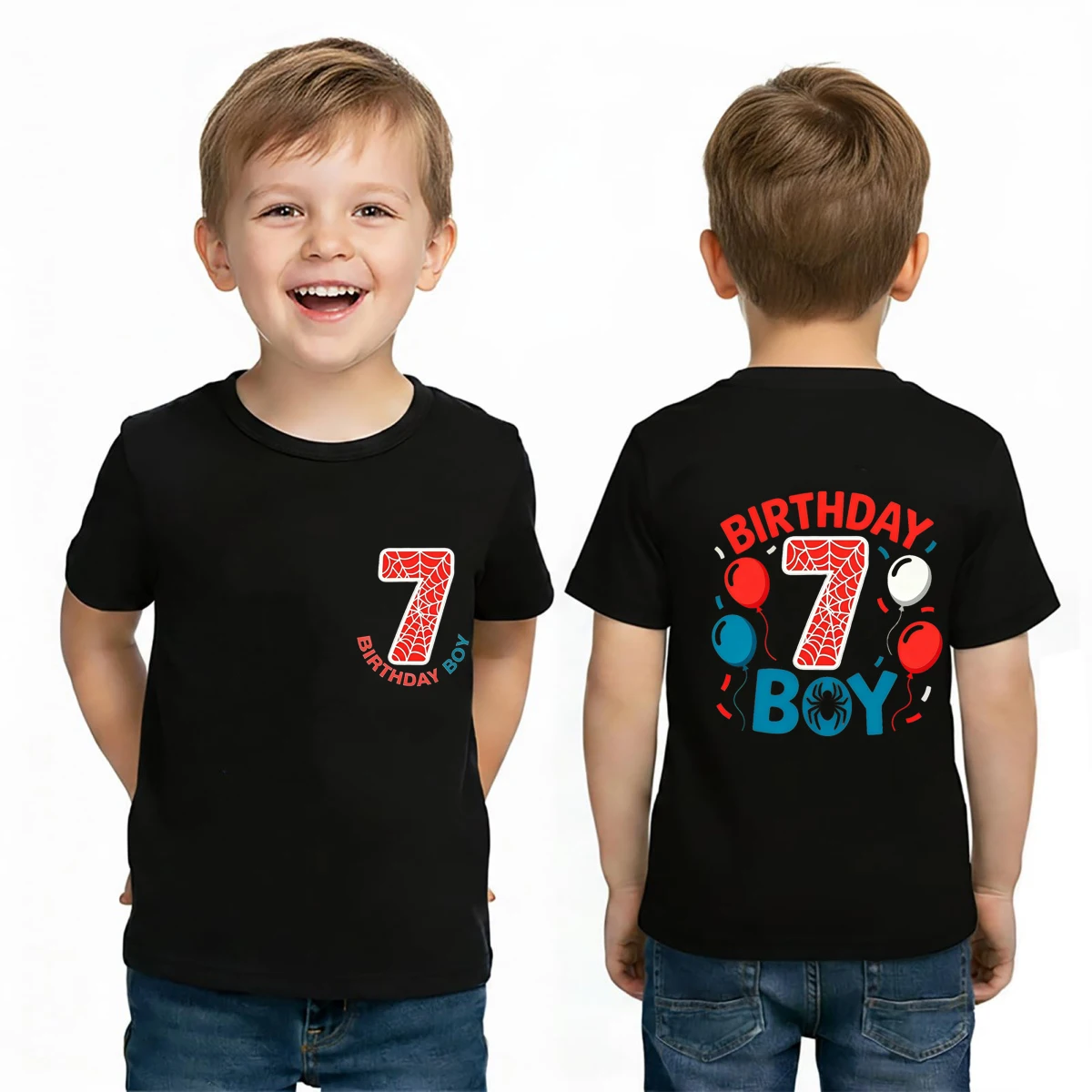 Funny colorful balloons red spider weband front and back birthday number print boys tshirt cute kids birthday party gift tees