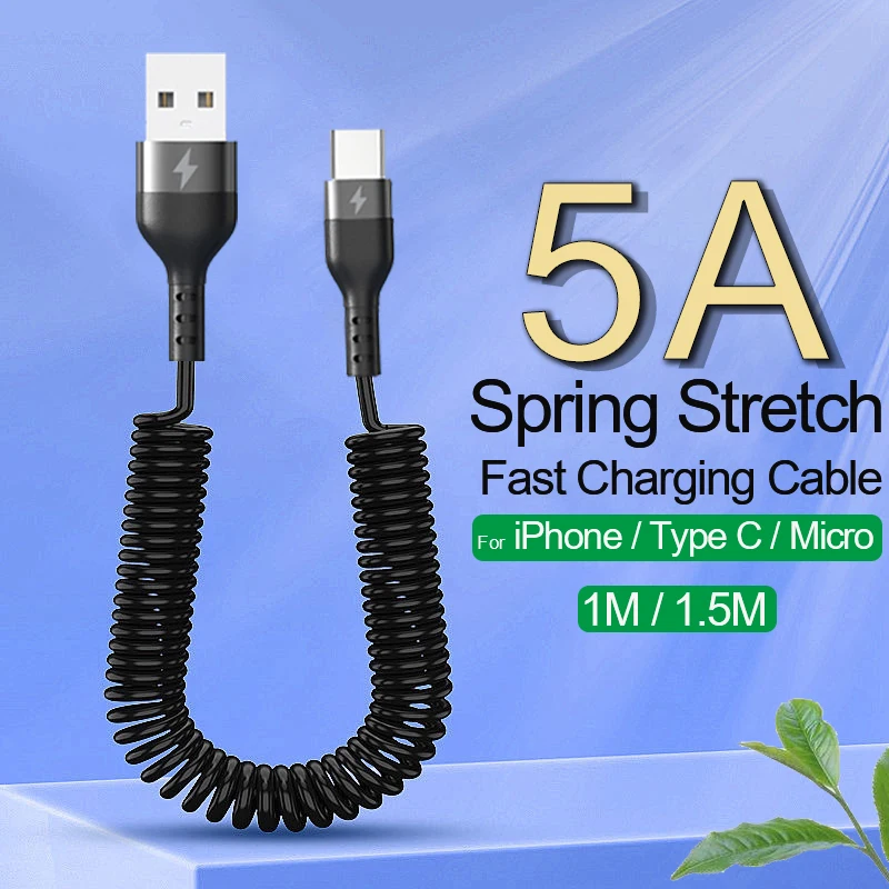 66W 5A Spring Car USB Type C Fast Charging Cable For Xiaomi Realme Samsung Huawei Honor Phone Accessories Charge For iPhone 2.4A