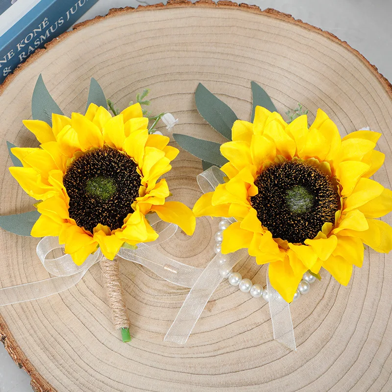 

Wedding Artificial Sunflower Bride Boutonniere Wrist Corsage Wedding Photography Prop Flower Groom Suit Brooch Party Accessories