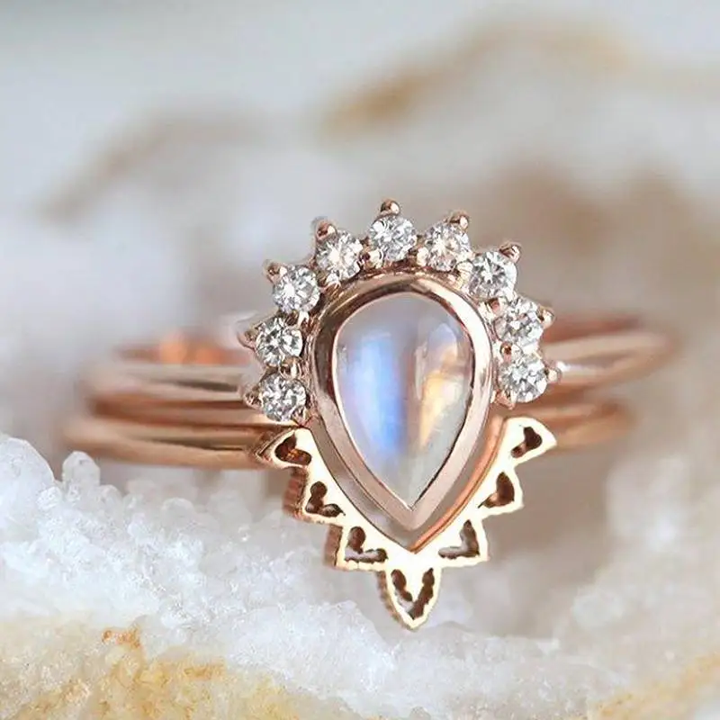 Huitan Simulierter Mondstein für Damen, 2 Stück/Set, Ring, ästhetisches Design, Hochzeit, Verlobung, Modeaccessoires, Schmuck mit glänzendem CZ