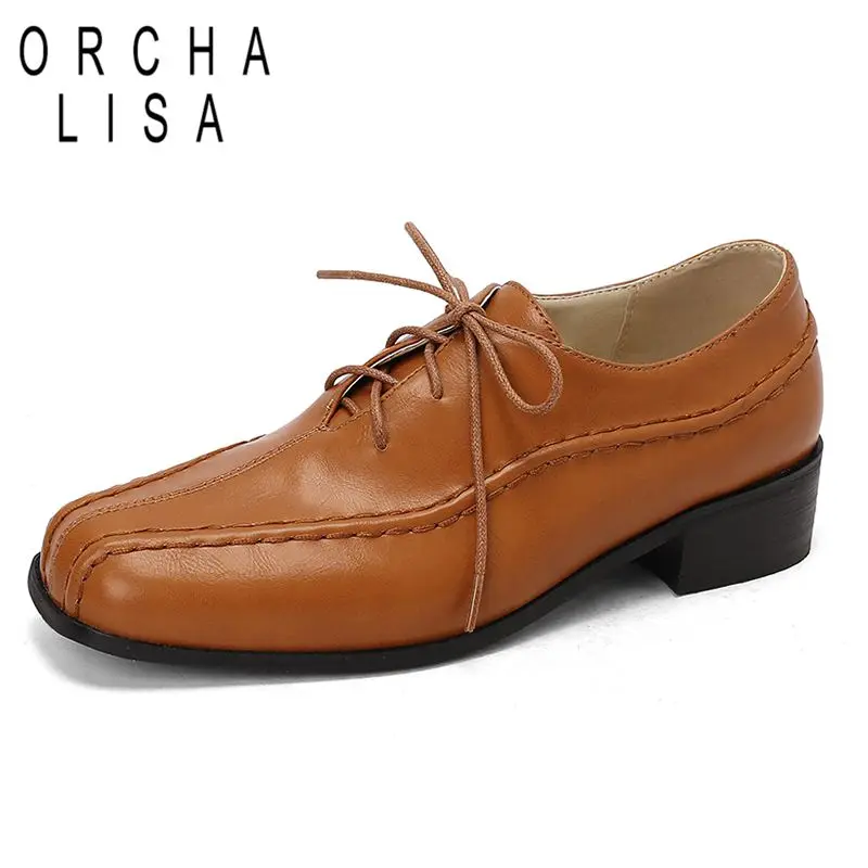 ORCHA LISA British Style Women Pumps Square Toe Block Heels 3.5cm Lace Up Big Size 46 47 48 Retro Leisure Daily Shoes for Female