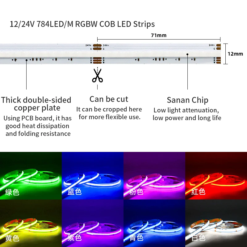 5m COB RGB CCT RGBW tiras LED blancas frías naturales cálidas DC12V/24V Flexible alto brillo sin puntos barra de luz LED colorida RA90