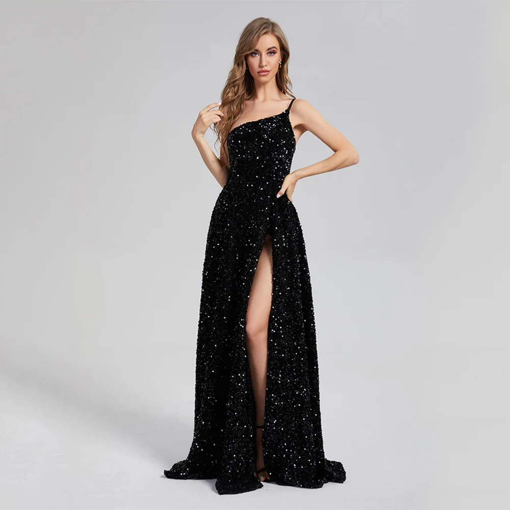 

DRESS FORU Черные элегантные вечерние платья с блестками для длиной до пола, платье для выпускного вечера на одно плечо с разрезом Vestidos De Fiesta по индивидуальному заказу