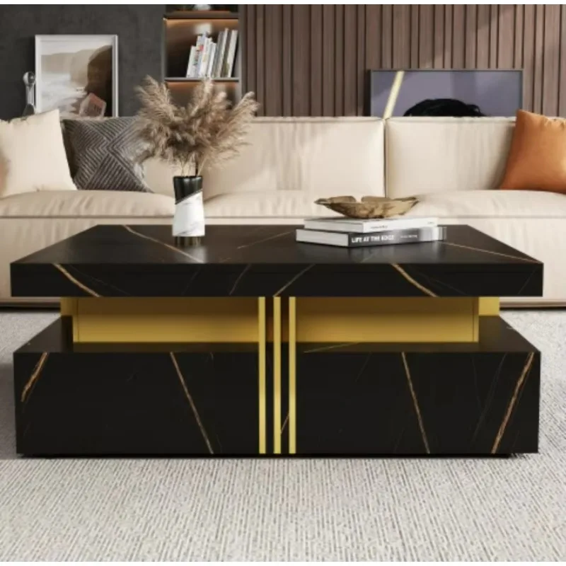 #Modern Square Marble Storage Coffee Table With 4 Drawers Durable Movable Nesting Design