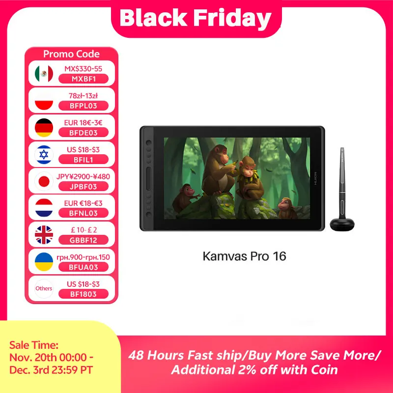 

Графический монитор Huion Kamvas Pro 16, экран планшета для рисования, 15,6-дюймовые цифровые планшеты, дисплей для рисования со стилусом без батареи