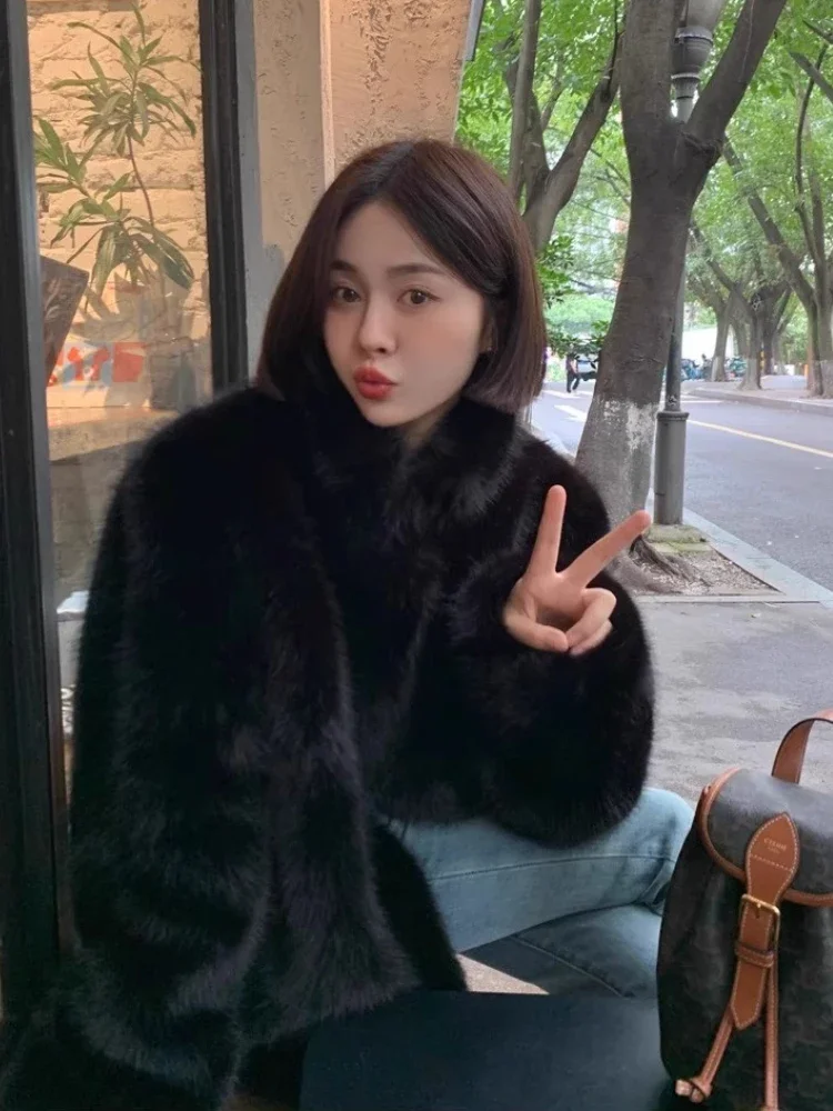 Fashion Imitation Fox Fur Black Fur Elegant Coat Women's Winter New Standing Collar Environmentally Friendly High-end Long