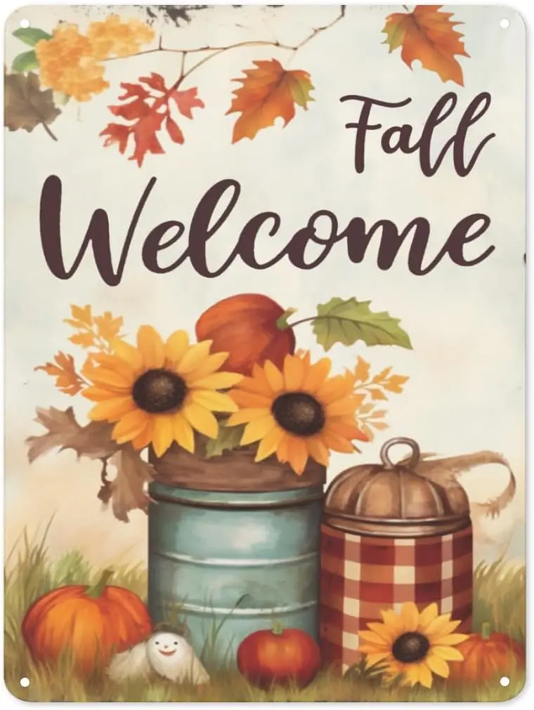 Vintage Metal Tin Sign Pumpkin Flower Welcome Fall Sign Hello Fall Metal Sign Funny Wall Decor for Home Bedroom Bar Restaur sign