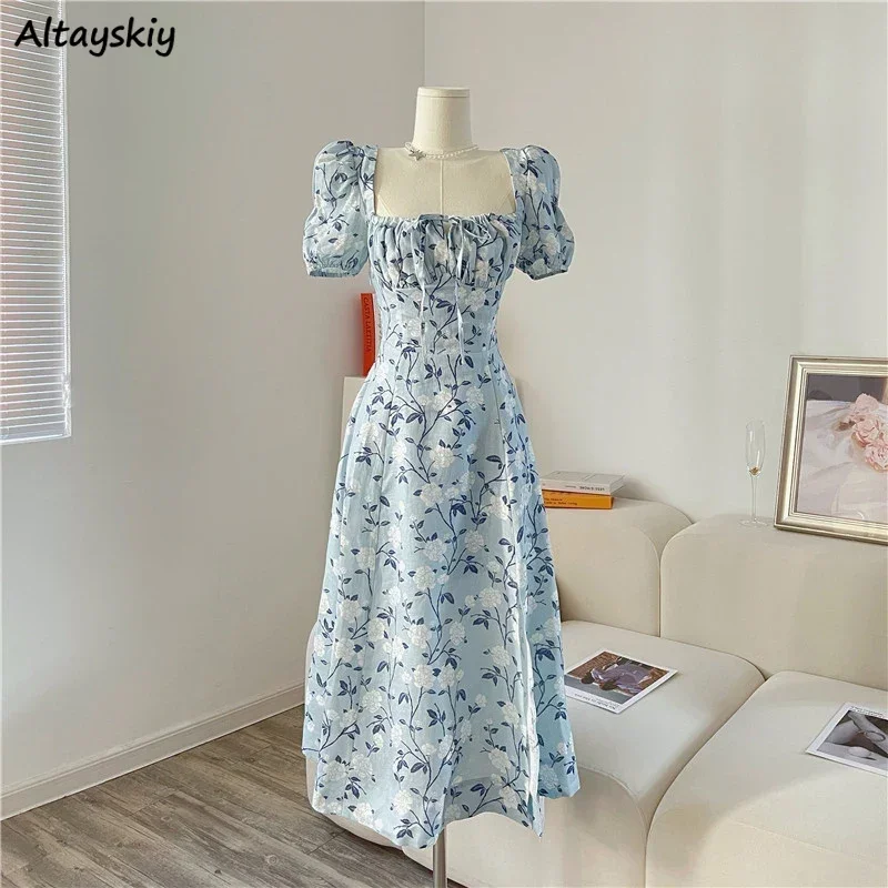 Midi Dresses for Women Fashion Summer Niche Design Flower Print Korean Style Lace-up Sexy High Street Girls Soft Popular Fit