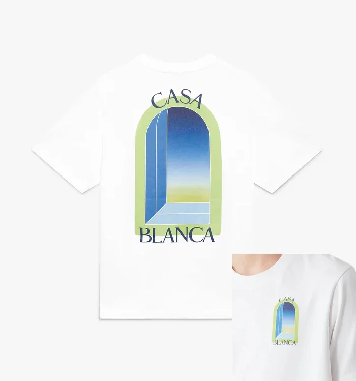 

White Arch-Print ShortSleeve T-Shirt Casual Round Neck Tee High-Quality Summer Graphic Pattern Loose Fit Style for Men and Women