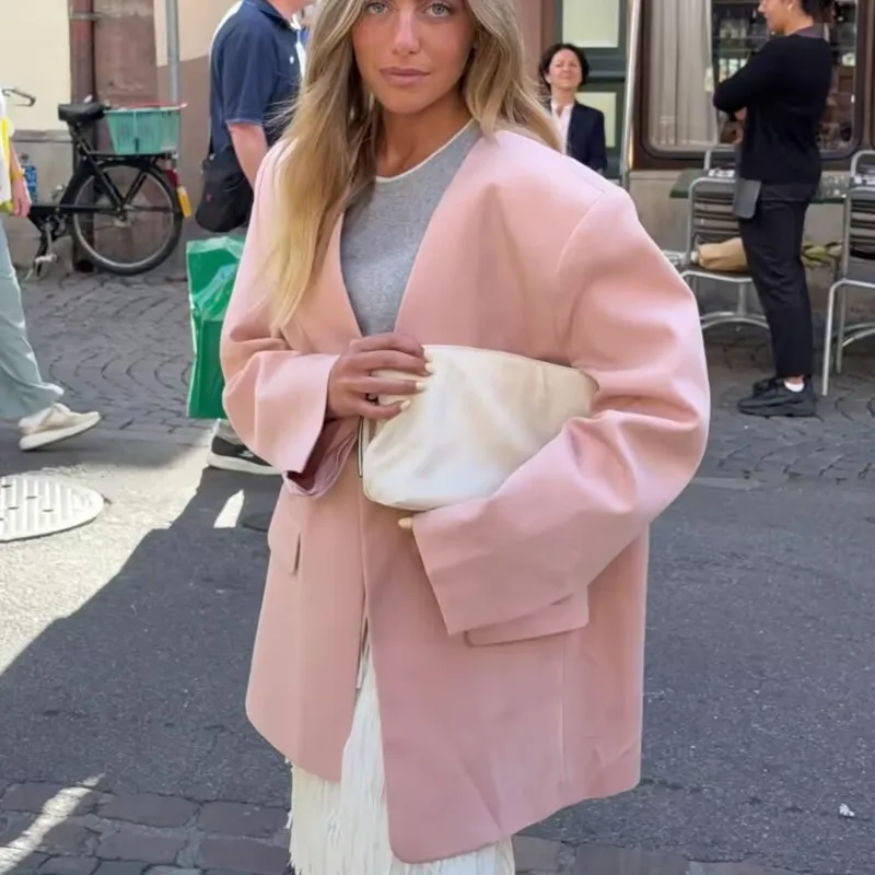 

2025 женская однотонная верхняя одежда в корейском стиле ретро с v-образным вырезом и длинными рукавами и карманами, офисная повседневная одежда в уличном стиле, осенняя одежда