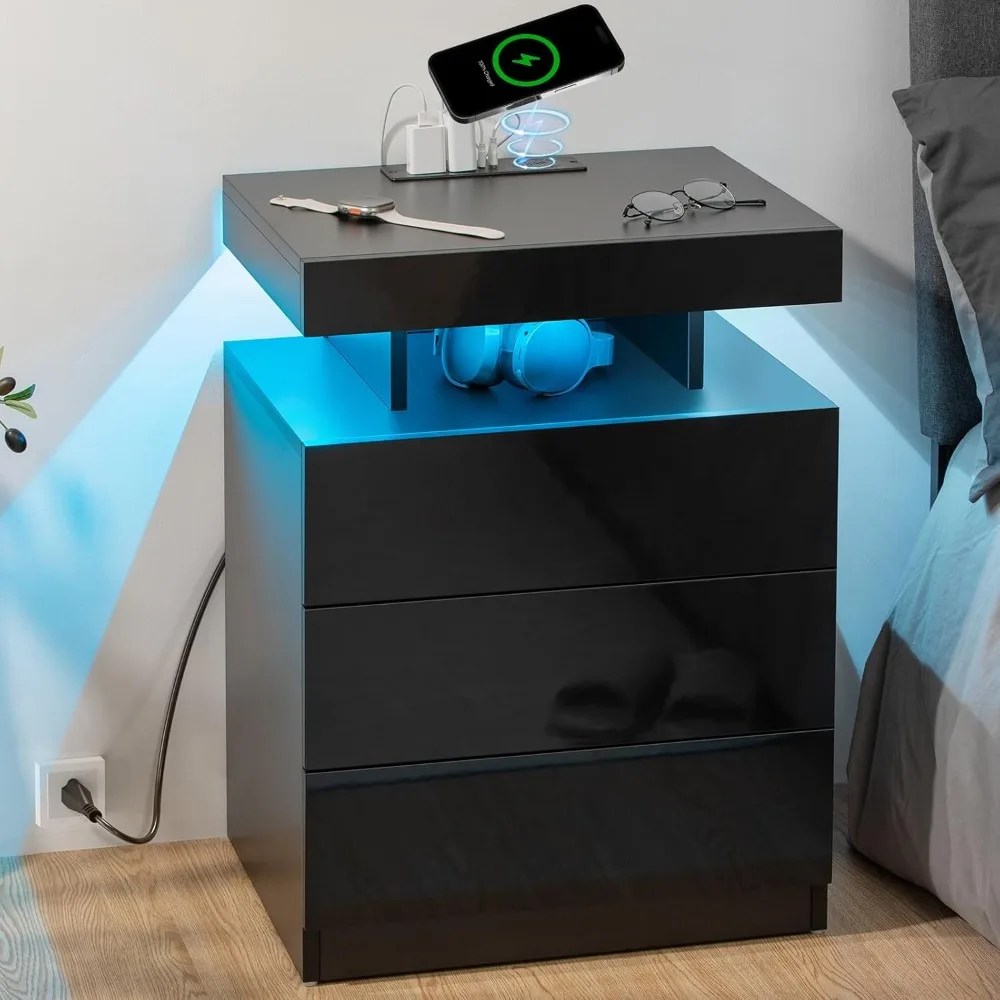 

Nightstand with Wireless Charging Station & USB Ports 3 Drawers with LED Light RGB Adjustable Brightness Smart Nightstand,Black