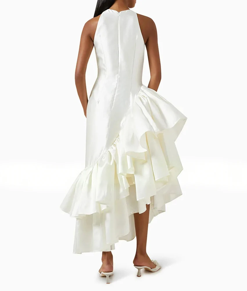 맞춤형 패션 새틴 A라인 러플 티어드 이브닝 드레스 우아한 O넥 민소매 발목 길이 파티 가운 맞춤 사이즈