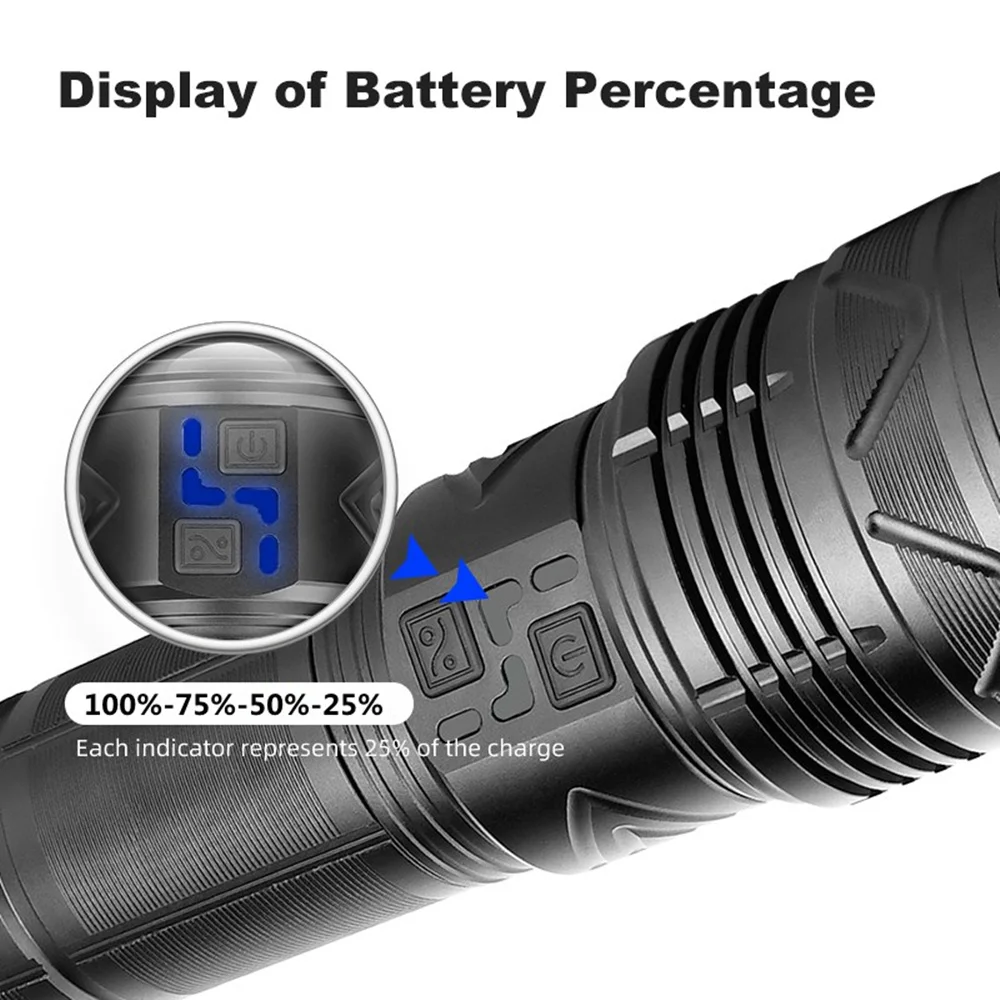 Super Bright Long Range Powerful LED Flashlight Type-C USB Rechargeable 24000mAh/11200mAh Power Display Torch Zoom Light