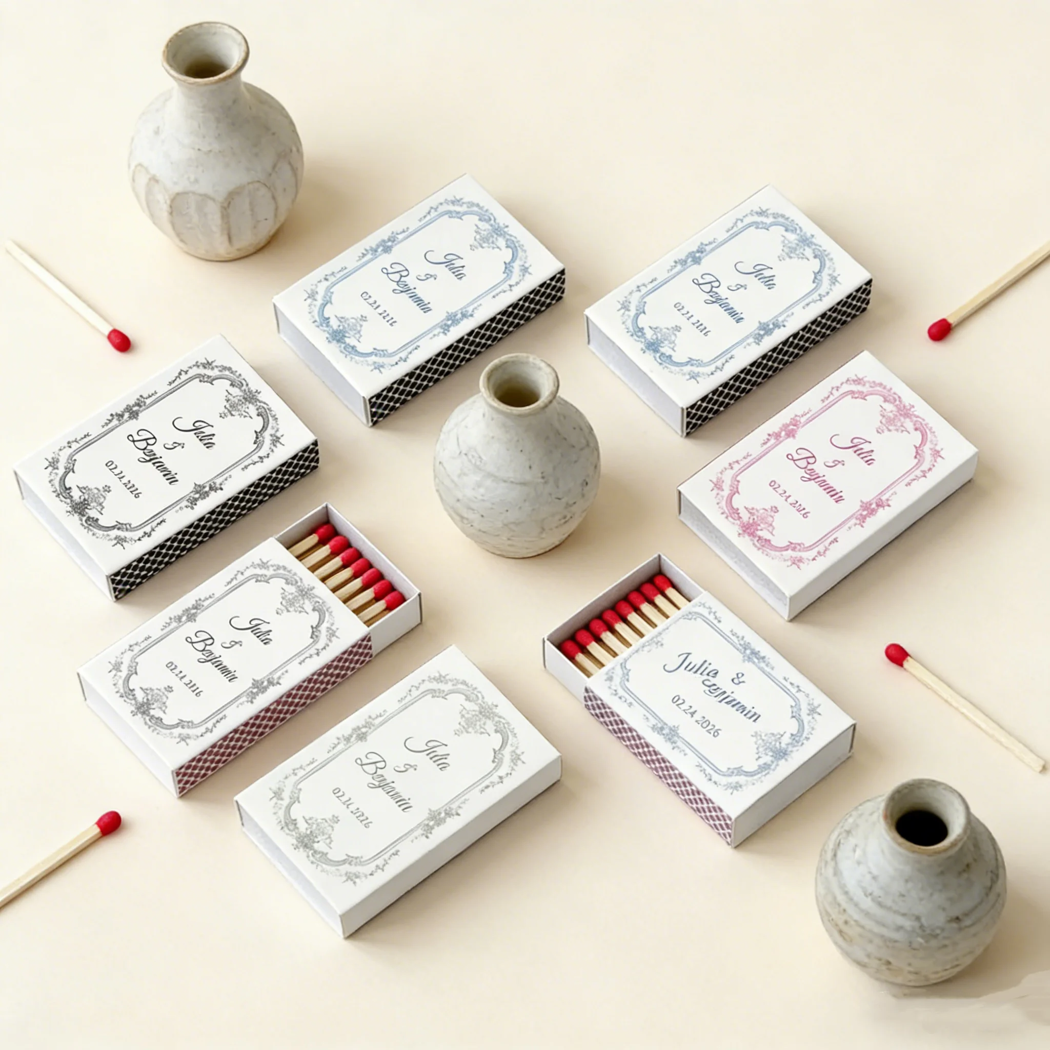 

Персонализированные свадебные коробочки для спичек в винтажном стиле с цветочным узором, именами и датой. Элегантные свадебные сувениры. Классические садовые свадебные подарки для гостей.